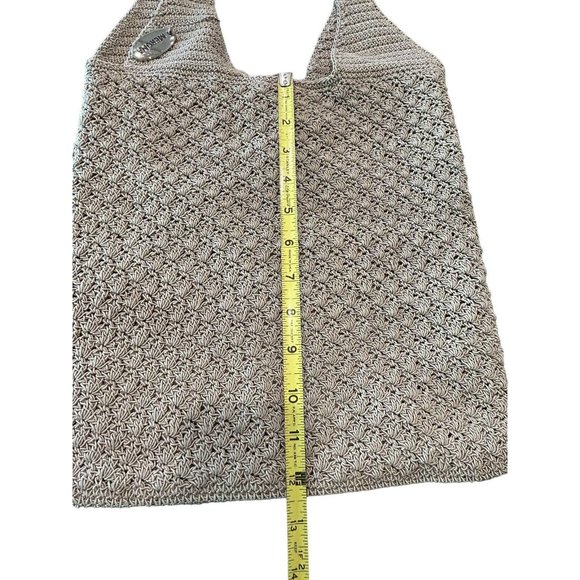 12.5” x 12.5" MERONA Tan Woven CROCHET 2 Handles SNAP CLOSE Lined BAG - Picture 5 of 8